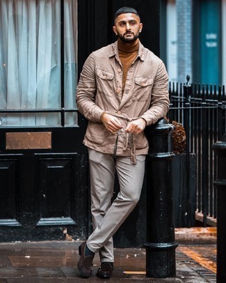 Beige Linen Shirt Jacket Outfits For Men: This pairing of a beige linen shirt jacket and grey dress pants is a safe option when you need to look really polished. Complete this ensemble with a pair of dark brown suede double monks and the whole look will come together wonderfully.