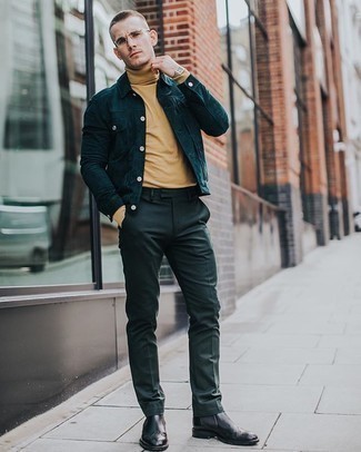 Dark Green Suede Shirt Jacket Outfits For Men: We love the way this combo of a dark green suede shirt jacket and dark green dress pants instantly makes any gent look dapper and classy. Introduce a pair of black leather chelsea boots to the mix for extra style points.