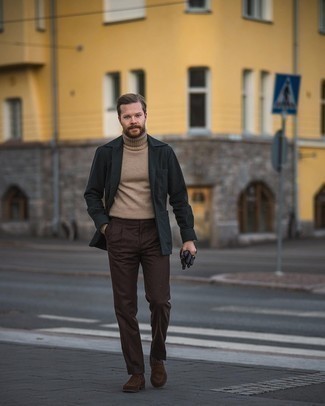 Dark Brown Dress Pants Outfits For Men: A black shirt jacket and dark brown dress pants make for the ultimate refined style. The whole look comes together quite nicely when you introduce a pair of dark brown suede loafers to the equation.