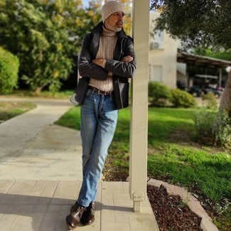 Grey Wool Shirt Jacket Outfits For Men: If you like classic pairings, then you'll like this combo of a grey wool shirt jacket and blue jeans. Dark brown leather desert boots will be a welcome accompaniment to your getup.