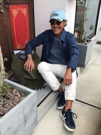 Men's Navy Shirt Jacket, Blue Wool Turtleneck, White Jeans, Navy and White Canvas Low Top Sneakers