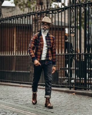 Men's Multi colored Plaid Shirt Jacket, White Turtleneck, Charcoal Jeans, Brown Leather Casual Boots