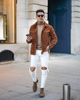 Brown Corduroy Shirt Jacket Outfits For Men: Why not go for a brown corduroy shirt jacket and white ripped jeans? Both of these items are super functional and will look amazing when matched together. To give your look a classier spin, why not introduce brown suede chelsea boots to the mix?