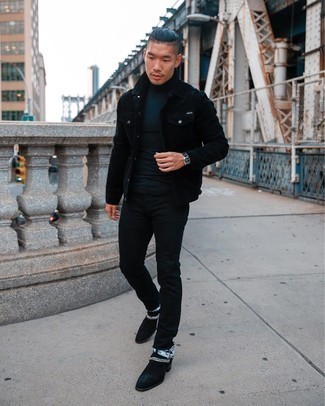 Blue Watch Outfits For Men: If you're searching for a relaxed yet seriously stylish look, opt for a black corduroy shirt jacket and a blue watch. A trendy pair of black suede chelsea boots is an effective way to inject an added touch of style into your outfit.