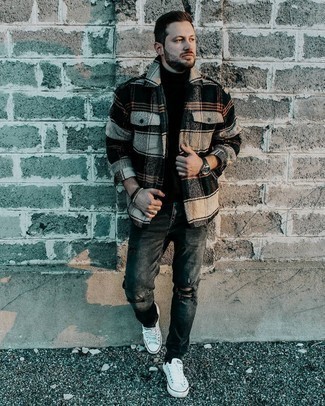 Black Flannel Shirt Jacket Outfits For Men: Who said you can't make a stylish statement with a street style look? That's easy in a black flannel shirt jacket and charcoal ripped jeans. A pair of white canvas low top sneakers serves as the glue that will bring your outfit together.