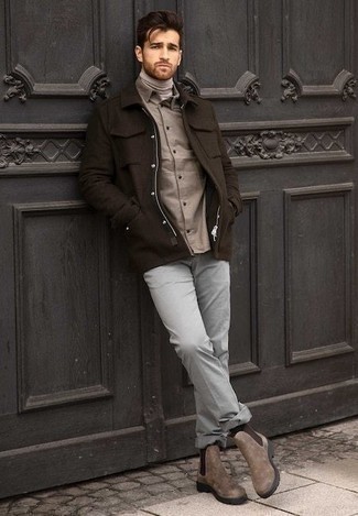 Dark Brown Wool Shirt Jacket Outfits For Men: When the situation calls for an effortlessly sleek outfit, try pairing a dark brown wool shirt jacket with grey chinos. For something more on the classier side to finish your outfit, complement this ensemble with a pair of brown suede chelsea boots.