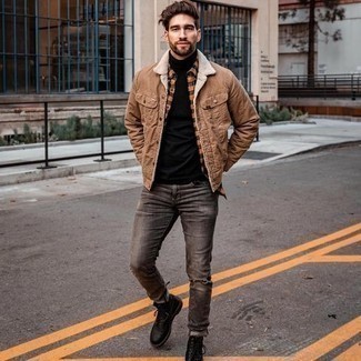 Brown Plaid Long Sleeve Shirt Outfits For Men: This casual pairing of a brown plaid long sleeve shirt and charcoal ripped jeans is extremely versatile and apt for any adventure you may find yourself on. Got bored with this outfit? Enter black leather casual boots to shake things up.