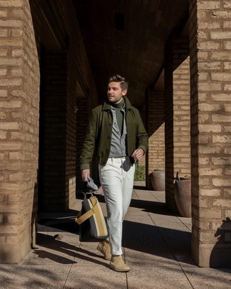 White Corduroy Chinos Outfits: An olive wool shirt jacket and white corduroy chinos are fitting for both semi-casual situations and off-duty wear. If you want to feel a bit fancier now, add a pair of beige suede chelsea boots to the equation.