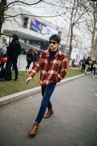 Red Plaid Shirt Jacket Outfits For Men: A red plaid shirt jacket and navy jeans are the perfect way to introduce effortless cool into your daily casual routine. Feeling inventive today? Shake things up by sporting a pair of brown leather chelsea boots.