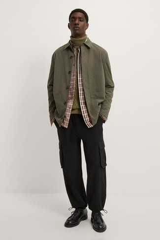Men's Olive Shirt Jacket, Olive Knit Wool Turtleneck, Multi colored Plaid Long Sleeve Shirt, Black Cargo Pants