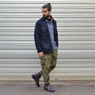 Dark Brown Leather Casual Boots Outfits For Men: You'll be amazed at how extremely easy it is for any guy to get dressed this way. Just a navy shirt jacket paired with olive cargo pants. Introduce dark brown leather casual boots to the equation for an instant style upgrade.