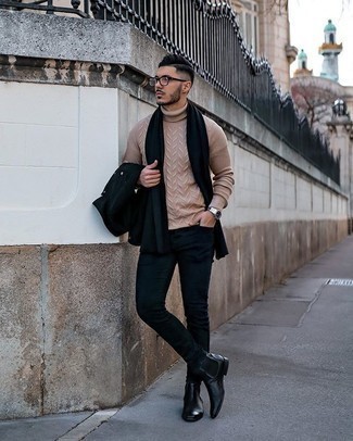 Beige Knit Wool Turtleneck Outfits For Men: When the situation permits a casual getup, you can wear a beige knit wool turtleneck and black skinny jeans. Add black leather chelsea boots to this ensemble to easily ramp up the wow factor of this ensemble.