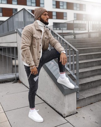 Grey Ripped Skinny Jeans Outfits For Men: To achieve a relaxed ensemble with an edgy spin, consider wearing a tan corduroy shirt jacket and grey ripped skinny jeans. And if you want to immediately rev up this look with a pair of shoes, complete this outfit with a pair of white canvas low top sneakers.