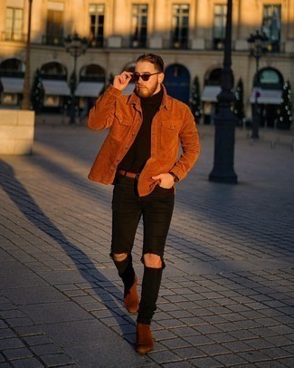 Tobacco Corduroy Shirt Jacket Outfits For Men: In sartorial situations comfort is above all, this pairing of a tobacco corduroy shirt jacket and black ripped skinny jeans is a no-brainer. Want to go all out on the shoe front? Make brown suede chelsea boots your footwear choice.