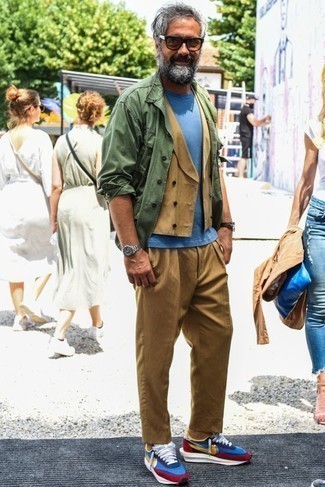 Olive Shirt Jacket Outfits For Men: An olive shirt jacket and khaki chinos will add extra style to your daily styling rotation. Does this ensemble feel too dressy? Let multi colored athletic shoes jazz things up.