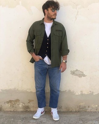 White and Red Canvas High Top Sneakers Outfits For Men: This relaxed pairing of an olive shirt jacket and blue jeans is a winning option when you need to look casual and cool but have no extra time. Complement this outfit with white and red canvas high top sneakers to immediately dial up the wow factor of your look.