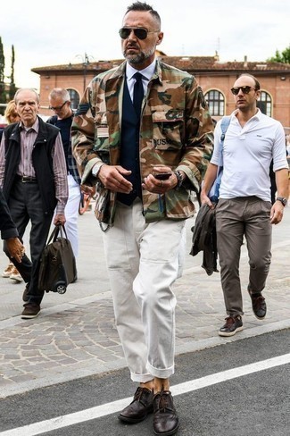 Men's Brown Camouflage Shirt Jacket, Navy Waistcoat, White Dress Shirt, White Cargo Pants
