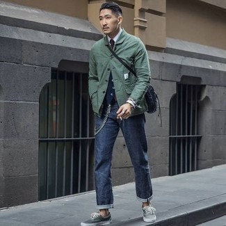 Mint Shirt Jacket Outfits For Men: For a relaxed outfit, choose a mint shirt jacket and navy jeans — these items go really nice together. If you wish to effortlessly dial down this outfit with a pair of shoes, why not complement your outfit with grey canvas low top sneakers?