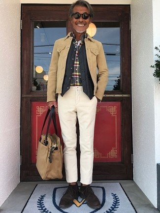 White and Red and Navy Plaid Long Sleeve Shirt Outfits For Men: A white and red and navy plaid long sleeve shirt and beige chinos are among the crucial items in any modern gent's great casual closet. Add a pair of dark brown suede desert boots to the mix to instantly shake up the outfit.