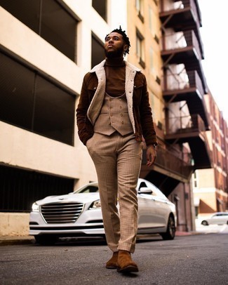 Khaki Check Dress Pants Outfits For Men: This combo of a brown corduroy shirt jacket and khaki check dress pants will add refined essence to your look. If in doubt as to what to wear when it comes to shoes, stick to a pair of brown suede chelsea boots.