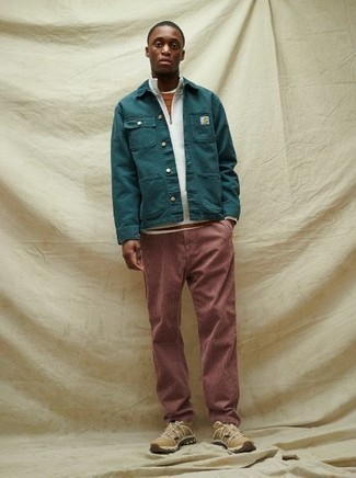 Pink Corduroy Chinos Outfits: The perfect choice for a kick-ass and on-trend ensemble? A teal shirt jacket with pink corduroy chinos. Add tan athletic shoes to the equation to shake things up.