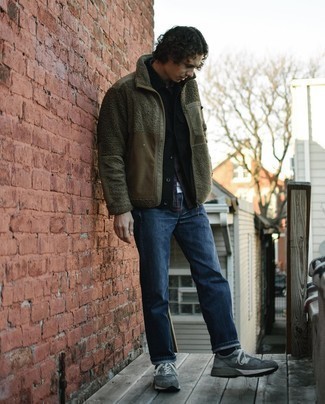 Dark Green Fleece Zip Sweater Outfits For Men: This combo of a dark green fleece zip sweater and navy jeans looks pulled together and makes you look infinitely cooler. Puzzled as to how to round off? Throw a pair of charcoal athletic shoes in the mix to shake things up.