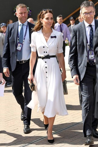 White Shirtdress Outfits: For an outfit that delivers function and style, consider wearing a white shirtdress. Serve a little mix-and-match magic by rocking black suede pumps.