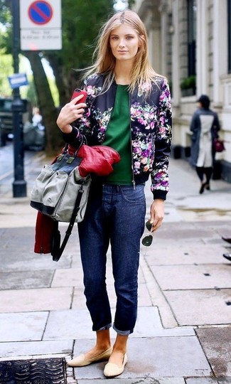 Blue Floral Bomber Jacket Outfits For Women: 