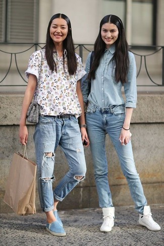 Light Blue Shoes Outfits: If you're on the lookout for an off-duty and at the same time incredibly stylish look, consider wearing a white floral short sleeve button down shirt and light blue ripped boyfriend jeans. Introduce a pair of light blue slip-on sneakers to your getup and you're all set looking smashing.