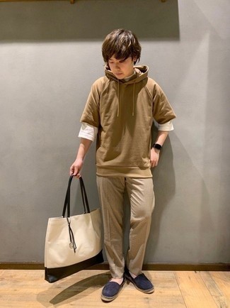 Beige Hoodie Outfits For Men: This look with a beige hoodie and khaki chinos isn't hard to pull together and leaves room to more creative experimentation. Look at how well this look pairs with navy canvas espadrilles.
