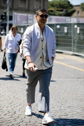 Men's Charcoal Vertical Striped Chinos, White Short Sleeve Shirt, White and Navy Vertical Striped Blazer, White Vertical Striped Bomber Jacket