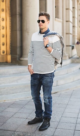 White and Black Horizontal Striped Crew-neck Sweater Outfits For Men: 