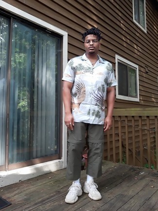 Men's White Print Short Sleeve Shirt, Charcoal Cargo Pants, White Athletic Shoes, Clear Sunglasses