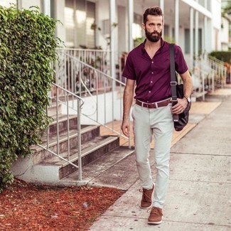 Brown Leather Watch Outfits For Men: If you're on the hunt for an urban and at the same time stylish getup, opt for a purple short sleeve shirt and a brown leather watch. A pair of brown athletic shoes rounds off this ensemble quite well.