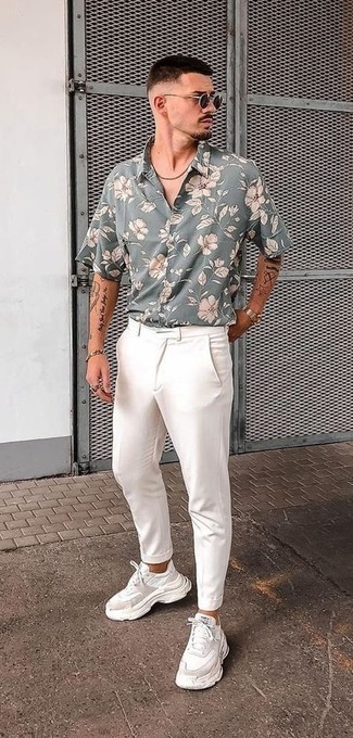 Men's Grey Floral Short Sleeve Shirt, White Chinos, White Athletic Shoes, Dark Brown Sunglasses