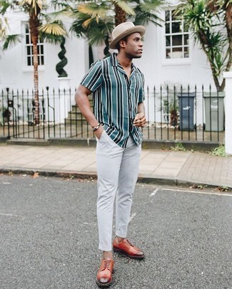 Men's Teal Vertical Striped Short Sleeve Shirt, Grey Chinos, Tobacco Leather Brogues, Beige Wool Hat