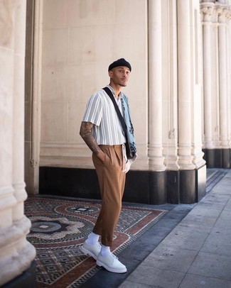 White Leather Derby Shoes Outfits: If you gravitate towards laid-back style, why not try teaming a grey vertical striped short sleeve shirt with khaki chinos? To give this getup a more sophisticated twist, go for a pair of white leather derby shoes.