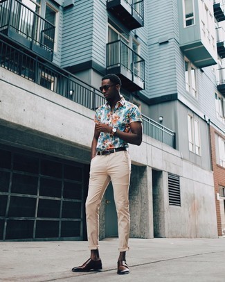 White Floral Short Sleeve Shirt Outfits For Men: Why not rock a white floral short sleeve shirt with beige chinos? Both items are very comfortable and will look good worn together. Rev up the fashion factor of this outfit with dark brown leather double monks.