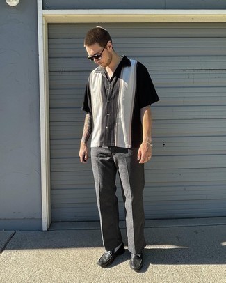 Men's Black and White Short Sleeve Shirt, Charcoal Wool Chinos, Black Leather Loafers, Black Sunglasses