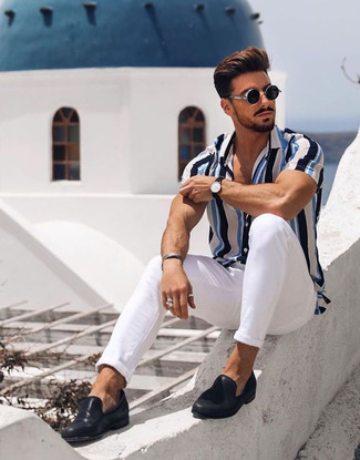 Men's White and Blue Vertical Striped Short Sleeve Shirt, White Chinos, Black Leather Loafers, Black Sunglasses