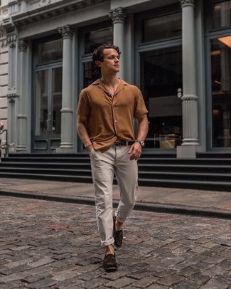 Dark Brown Suede Loafers Outfits For Men: To achieve a casual look with a modern twist, you can easily dress in a tobacco short sleeve shirt and grey chinos. Balance your getup with a more elegant kind of shoes, such as this pair of dark brown suede loafers.