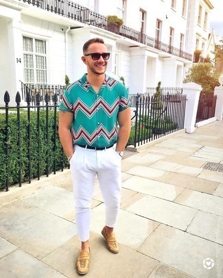 Men's Teal Print Short Sleeve Shirt, White Chinos, Tan Woven Leather Loafers, Black Leather Belt