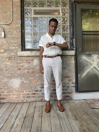 Brown Leather Watch Outfits For Men: Try teaming a white short sleeve shirt with a brown leather watch to create an extra sharp and street style outfit. Brown leather loafers are a guaranteed way to infuse an added dose of class into your look.