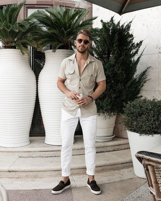 Beige Short Sleeve Shirt Outfits For Men: When the setting permits relaxed styling, team a beige short sleeve shirt with white chinos. Finishing off with a pair of dark brown suede loafers is an easy way to inject an added dose of style into your ensemble.