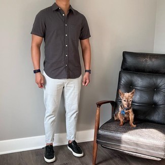 Men's Charcoal Short Sleeve Shirt, White Chinos, Black Leather Low Top Sneakers, Navy Leather Watch