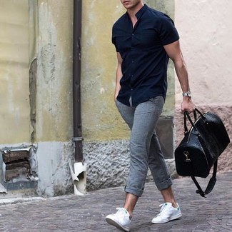 Men's Navy Short Sleeve Shirt, Grey Chinos, White Leather Low Top Sneakers, Black Leather Holdall
