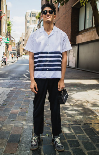 Men's White and Navy Short Sleeve Shirt, Black Chinos, Charcoal Suede Low Top Sneakers, Black Sunglasses