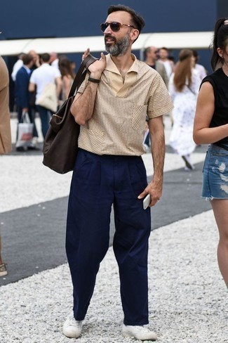 Men's Tan Check Short Sleeve Shirt, Navy Chinos, White Canvas Low Top Sneakers, Dark Brown Leather Tote Bag