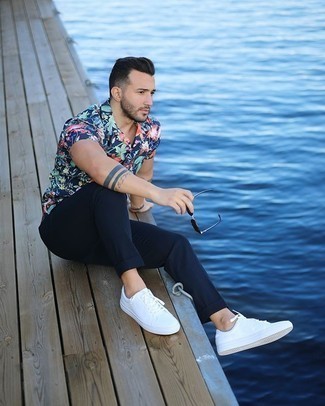 Men's Navy Floral Short Sleeve Shirt, Navy Chinos, White Canvas Low Top Sneakers, Black Sunglasses