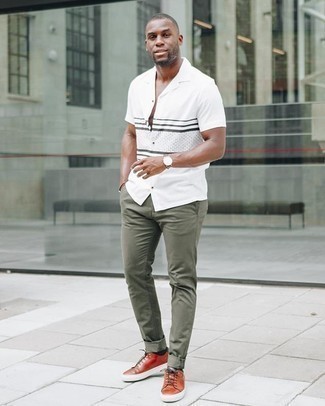 Men's White and Black Print Short Sleeve Shirt, Olive Chinos, Tobacco Leather Low Top Sneakers, Brown Leather Watch